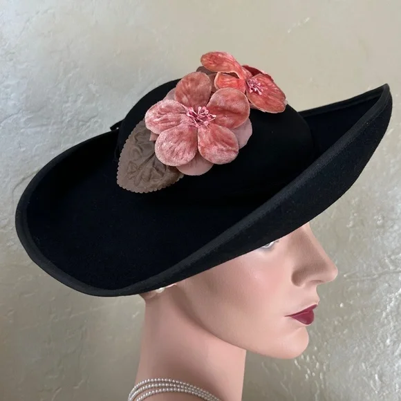 SUPERB 1940\'S WIDE BRIM TILT HAT WITH SALMON COLORED FABRIC LEAVES il_fullxfull.5052215124_7yjz.jpg main image 2